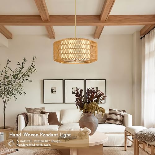 23 inch Natural 5 Light Rattan Light Fixture Woven Pendant Lights Rattan Farmhouse Chandeliers Fabric Shade Boho Chandelier for Dinning Room Kitchen - color: 23"-Natural-Prism
