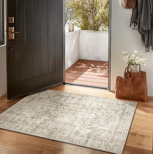 Machine Washable Throw Rugs for Entryway: Door Mat Indoor Entrance 2x3 Small Rug Stain Resistant Non-Slip Low Pile Soft Carpet for Kitchen Front Door Indoor Entry Bathroom Bedroom - color: Brown and Cream, size: 2' x 3' (Rectangular)