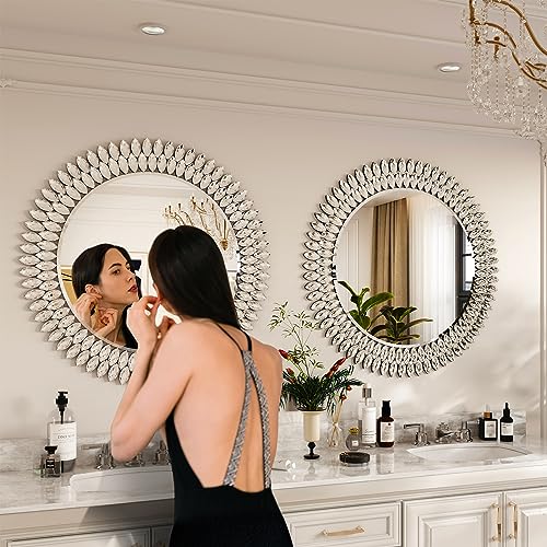 Kelly Miller 26" Jeweled Luxury Round Decorative Wall Mirror | Elegant diamond beveled vanity mirror. Perfect wall mirror for living room, bedroom, entryway. - size: 26"L x 26"W