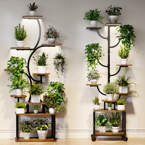 Plant Stand Indoor with Grow Lights - 9-Tier Curved Plant Stand, Tall Metal and Wood Indoor Plant Shelf with Unique Arched Design, Multi-Tier Flower Pot Holder Rack with Waterproof Finish, 63" Tall for Living Room, Balcony, and Garden - size: 3C