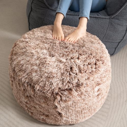 HIGOGOGO Round Stuffed Pouf Ottoman, Long Faux Fur Poufs with Foam Chunk Filling, Fluffy and Furry Pouf Foot Stool Storage Ottoman, 26 X 18 Floor Poufs Foot Rest for Living Room,Coffee - color: Brown, size: 26INCH