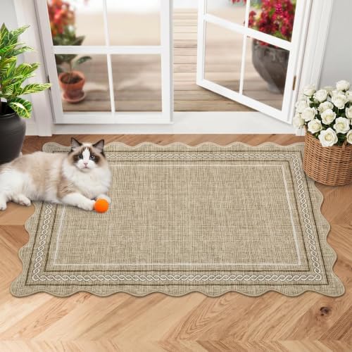 GarveeHome Scalloped Door Mat 2x3 Indoor Rugs for Entryway Washable Non-Slip Solid Small Rug Modern Soft Low-Pile Stain Resistant Carpet for Bedroom Kitchen Entrance Laundry, Jute Color - color: Jute Color, size: 2' x 3' (Rectangular)