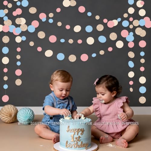 Champagne Gold Dusty Pink Blue Cream Beige Circle Dot Hanging Streamer Polka Dot Garland Banner for Baby Shower Birthday Wedding Bridal Shower Engagement Boho Gender Reveal Party Decorations Supplies - color: Dusty Pink Blue Champagne