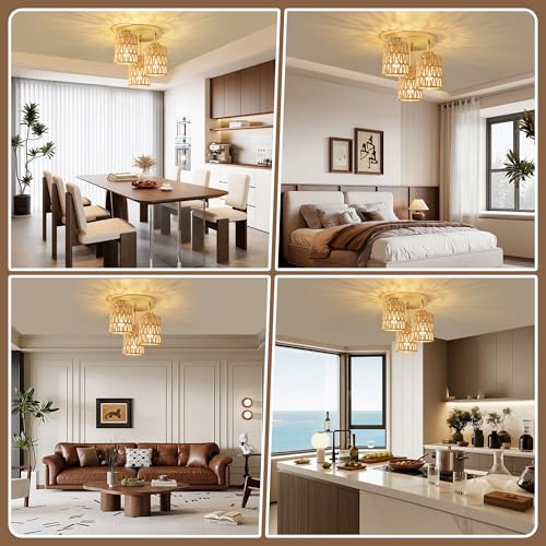 hykolity 3-Light Semi Flush Mount Ceiling Light Fixture, Boho Farmhouse Light Fixtures Ceiling Mount with Hand Woven Rattan Shade, Gold Ceiling Lighting for Kitchen, Bedroom, Entryway, Hallway, ETL - color: Gold-Boho