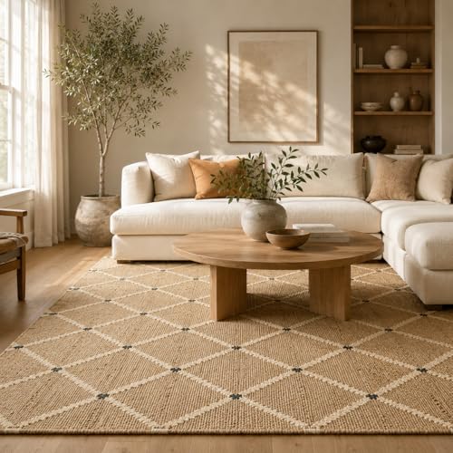 Hand Woven Jute Rug 5'x8' Area Rug - Rectangular Handcrafted Premium Geometric Design, Indoor Reversible Natural Fiber Rugs - Rustic Farmhouse Carpet for Living Room, Hallway, Bedroom - Natural - size: 5' x 8' (﻿Rectangular)