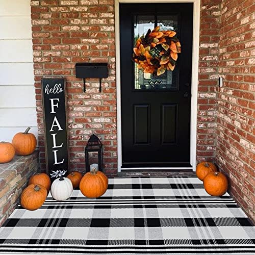 Buffalo Plaid Rug 4' x 6' Black and White Outtdoor Rug Cotton Hand-Woven Checkered Front Welcome Door Mat Indoor/Outdoor Area Rug for Front Porch,Kitchen,Bathroom,Entry Way,Living Room (4' x 6') - color: Black&white Plaid, size: 4' x 6' (Rectangular)