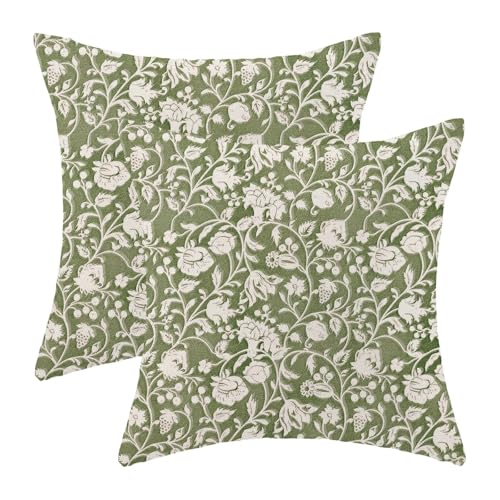Floral Throw Pillow Covers 16x16 Set of 2, Flower Print Linen Decorative Pillow Cover Neutral Vintage Decoration Outdoor Cushion Cover Sage Green Floral Pillowcase for Sofa Couch Farmhouse Room - color: Print Green, size: 16" x 16" (Pack of 2)