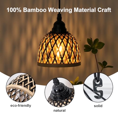 2 Pack Bamboo Chandelier/Dimmer, Waterproof Outdoor Pendant Light for Patio/Gazebo, Hand-Woven Boho Style, Battery Operated (No Wiring)