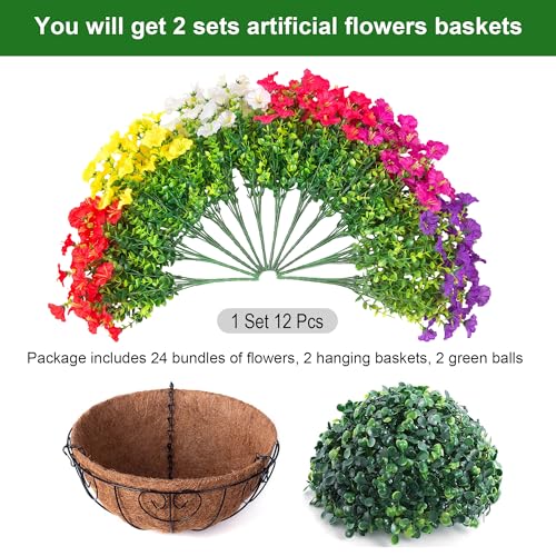 2 Set Artificial Hanging Flowers Fake Plants Baskets for Outdoors Spring Decor , 24 Pcs UV Resistant Faux Morning Glory with 2 Hanging Planters Realistic Silk Flowers for Outside Porch Patio Outdoor - color: 6 Multicolor