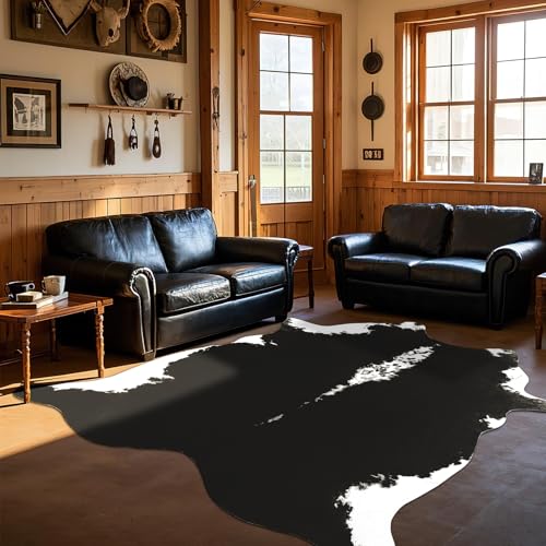 BENRON Premium Cowhide Rug Black, Faux Cow Hide Rugs for Living Room Bedroom Western Home Decor, Non Slip Cute Rug with Irregular Animal Skins and Hides, 4.6 x 5.2ft - color: Black, size: 4'7" x 5'2" (Irregular)