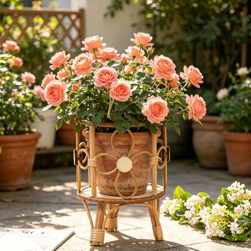 Boho Rattan Plant Stand Indoor Outdoor Floor Wooden Wicker Planter Shelf Baskets with Legs Rustic Farmhouse Rack Flower Pot Holder Vintage Home Decor for Flower Pot Living Room Balcony Display