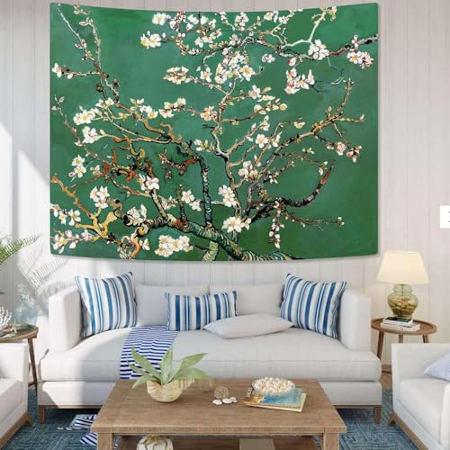 Yeoiat Van Gogh Tapestry Almond Blossom Floral Wall Tapestry, Tree Tapestries for Bedroom Art Tapestries Wall Hanging for Bedroom Living Room 36"x48" - color: Green White, size: 48"L x 36"W