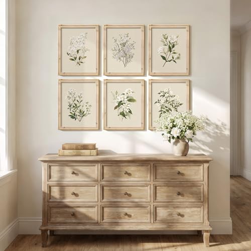 Framed Vintage Botanical Floral Wall Art Set of 6, Neutral Rustic Green Flower Canvas Prints, Cottagecore Farmhouse Minimalist Gallery Pictures for Bedroom Living Room Dining Room Wall Decor, 11x14 In - color: Neutral Beige, size: 11" W x 14" H x 6Pcs