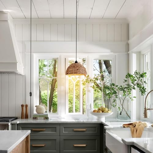 HuisMier Rattan Plug in Pendant Light with 15 Ft Plug in Cord, Hand Woven Lampshade Boho Hanging Lamp with Dimmable Switch, Farmhouse Rattan Pendant Light for Dining Room Bedroom Kitchen - color: Brown Dome