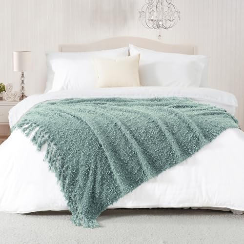 Knit Throw Blanket Fluffy Fuzzy Soft Lightweight Cozy Farmhouse Tassels Chunky Knitted Throws for Couch Sofa Bed (Sage Green, 50"x60") - color: Sage Green, size: 50"x60"