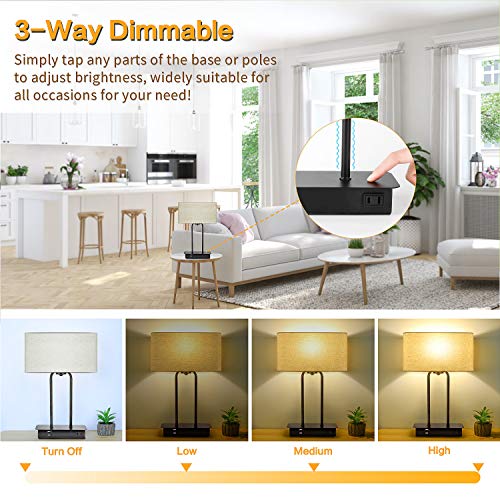 3-Way Dimmable Touch Control Table Lamp with 2 USB Ports and AC Power Outlet Modern Bedside Nightstand Lamp Fabric Shade and Metal Base for Guestroom Bedroom Living Room LED Bulb Included Warm White - color: Cream