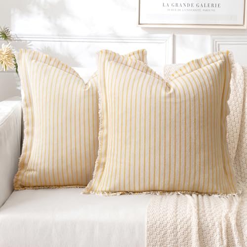 MIULEE Pack of 2 Yellow Pillow Covers 20x20 Inch Striped Farmhouse Couch Spring Throw Pillow Covers with Fringe Chic Cotton Decorative Cushion Covers for Summer Sofa Living Room Bed Outdoor Home Decor - color: Yellow, size: 20" x 20" (Pack of 2)