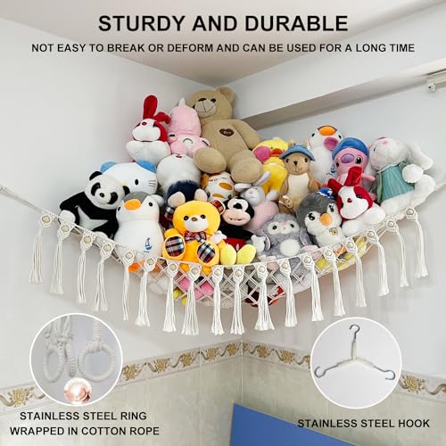 Large Stuffed Animal Net or Hammock, Boho Macrame Toy Hammock with LED Lights, Decorate Room Space Saving Pet Net for Stuffed Animals, Suitable for Nursery, Playroom, Kids Bedroom - style: A