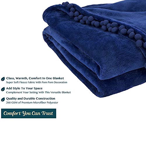 PAVILIA Fleece Throw Blanket for Couch with Pom Pom Fringe, Royal Blue, Soft Cozy Fuzzy Flannel Blanket for Sofa Bed, Lightweight Plush All Season Throw, 50x60 Inches - color: Royal Blue, size: 50"x60"