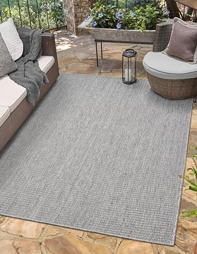 Angela Easy Jute Indoor Outdoor Rug, 5x7 Natural Solid Jute Look, Polyester, Durable & Easy Care Outdoor Farmhouse Carpet for Patio, Porch, Living Room (5' x 7', Gray) - color: 2001 - Gray, size: 5' x 7' (Rectangular)