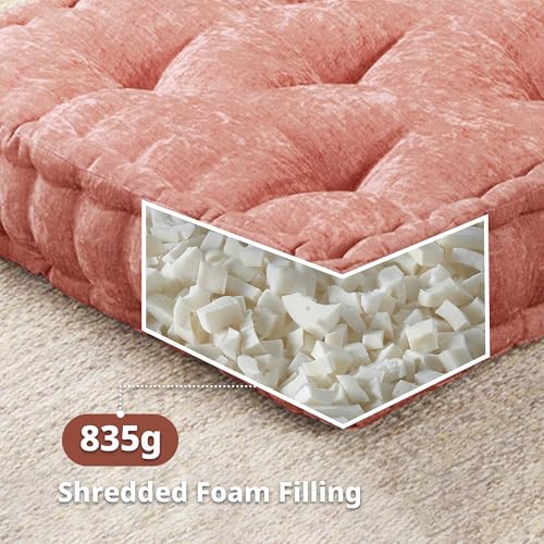 Intelligent Design Floor Pillow - Shredded Foam Filled Meditation & Yoga Cushion, Chenille Tufted, Handsewn Scalloped Edge, Oeko-TEX Certified, Azza, 20" x 20" x 5" Dusty Peach - color: Dusty Peach