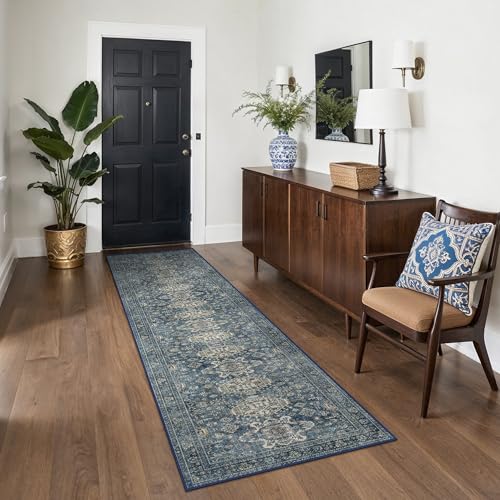 Bavni Washable Runners for Hallways 2X10, Ultra-Thin Non Slip Long Runner Rug, Print Vintage Aesthetic Carpet Runner, Low Pile Rugs for Kitchen Porch Bedroom, Blue - color: Blue, size: 2' x 10' (Rectangular)