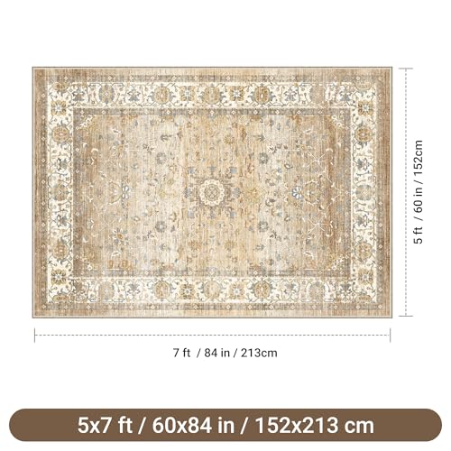 befbee 5x7 Area Rugs for Living Room,Stain Resistant Washable Rug,Non-Slip Backing Rugs for Bedroom,Kitchen,Printed Vintage Home Decor Rug (Apricot/Blue, 5'x7') - color: Apricot/Blue, size: 5' x 7' (Rectangular)