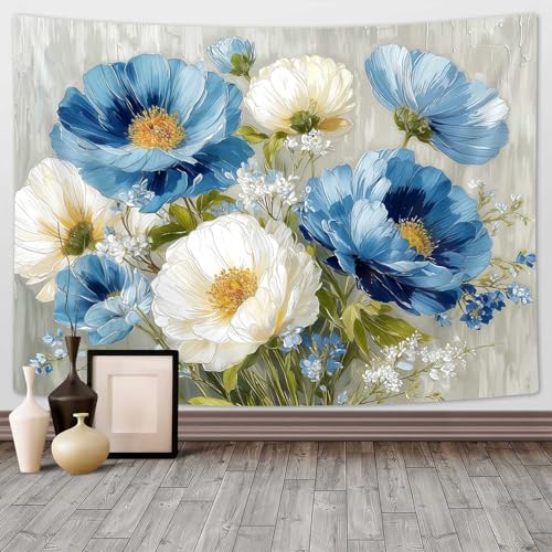 DYNH Blue White Floral Tapestry,Natural Aesthetics Elegant Tapestrie,Modern Flower Painting Wall Hanging,Watercolor Aesthetic Art Decor for Bedroom Living Room Dorm,80X60In - color: Blue White, size: 80"L x 60"W