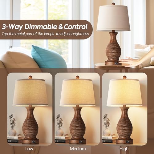 PARTPHONER Table Lamps Set of 2, Bedside Touch Lamp with USB C+A Charging Ports, Side Table Lamp with Linen Fabric Shade (LED Bulbs Included), Wood - size: Wood 22.6" Touch Lamp