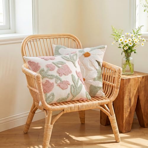 Summer Daisy Throw Pillow Covers 18x18 Inch Set of 2, Chenille Embroidered Pillowcase with 3D Tufted White Flowers Sage Green Leaves, Boho Decorative Cushion Covers for Couch Sofa Bed - color: White, size: 18" x 18" (Pack of 2)