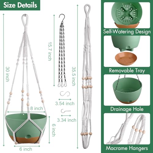 Set of 2-8 Inch Hanging Planters for Indoor Plants with Self-Watering Includes Hanging Pots for Plants, Outdoor Hanging Plant Pot with Drainage, and 2 Types of Hanging Baskets Hangers (Green) - color: Green, size: 8inch
