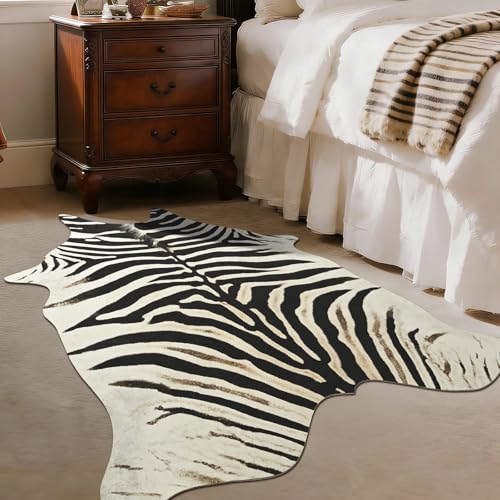BENRON Zebra Print Area Rug, Black and White Rugs for Living Room Bedroom, Cute Animal Hides and Skins for Kids Nursery Home Decor, 2.9 x 3.9 ft - color: Black/Ivory/Brown, size: 2'11" x 3'11" (Irregular)