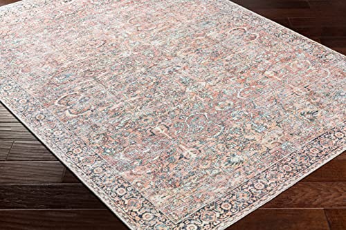 Hauteloom Handel Machine Washable Area Rug - Floral Border Medallion Distressed Faded - Traditional Oriental Transitional Oushak Vintage - Dusty Pink, Rust, Navy, Brown, Gray - 6'7" x 9' - color: Dusty Pink, Rust, Navy / Noda, size: 6'7" x 9' (Rectangular