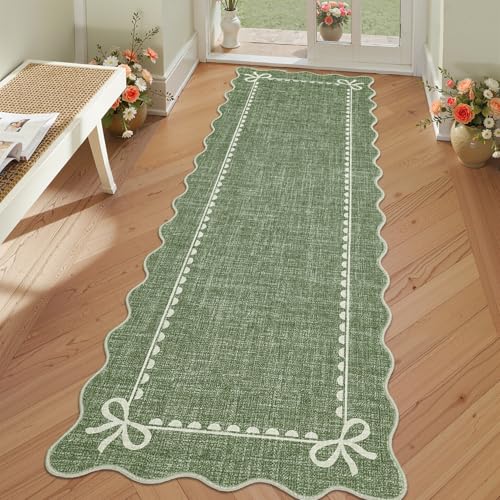 GarveeHome Scalloped Bow Rug for Living Room, Solid Green Rug for Dorm, Washable Runner Rug 2x6 Soft Low Pile Non Slip Scalloped Rugs for Nursery Bedroom Decor Hallway Entryway Playroom - color: Green, size: 2' x 6' (Rectangular)