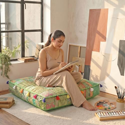 THE ART BOX Cotton Patchwork Vintage Boho Embroidered Floor Pillows & Cushion Cover Green Pouf Seating Pouf Meditation Pillow Pet Bedding Bed Boho Home Décor (35x35 Inches, Cover Only) - color: Light Green