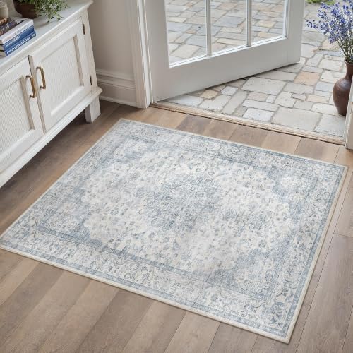 PureCozy 2x3 Area Rug Washable Neutral Blue Vintage Entryway Carpet Non Slip Low Pile Soft Door Mat Indoor Entrance Floral Small Throw Rug for Bathroom Bedroom Office Laundry Kitchen - color: Vintage | Blue, size: 2' x 3' (Rectangular)