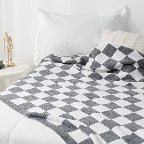 Carriediosa Checkered Throw Blanket 50" X 60", 400GSM Ultra Soft Microfiber Fuzzy Fluffy Reversible Cute Preppy Knitted Blankets Cozy Plush Fall Throws for Couch, Bed, Sofa, Grey - color: Check - Grey, size: 50" X 60"