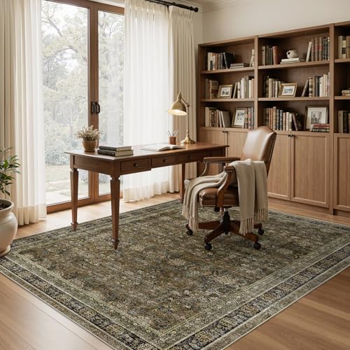 WITSHOCK 11x15 Area Rugs for Living Room - Washable Vintage Rug Retro Antique Dark Large Non Slip Low Pile Soft Boho Indoor Floor Carpet for Bedroom Dining Room Home Decor, Brown Olive Green - color: Brown/Olive Green/Purple, size: 11' x 15' (Rectangular)