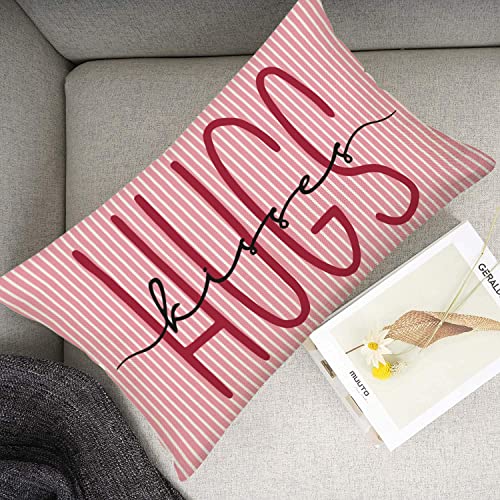 Happy Valentine’s Day Pink Stripes Throw Pillow Cases Hugs Kisses Love Saying Pillow Covers 12x20 Inch Holiday Wedding Anniversary Home Decor Cushion Cover for Sofa Couch - color: Pink Hugs Kisses