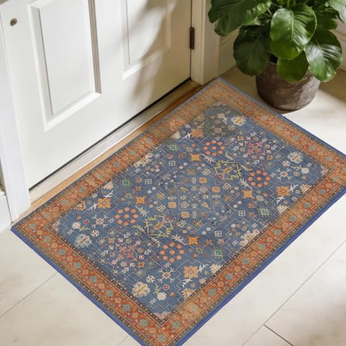 2x3 Washable Entry Rug, Non Slip Stain Resistant Lightweight Low Pile Indoor Door Mat, Vintage Area Rug for Bedroom Bathroom Kitchen Playroom Home Decor (Indigo Terracotta) - color: Indigo Terracotta, size: 2' x 3' (Rectangular)