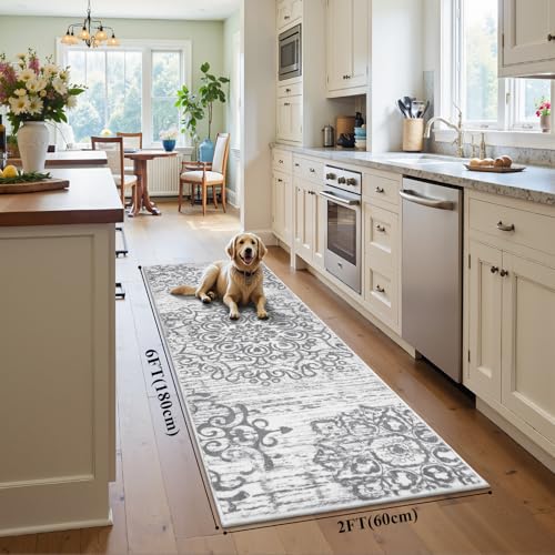 HEBE Hallway Runner Rug 2'x6' Washable Vintage Kitchen Rugs Non Slip Laundry Rug Runner Distressed Boho Floor Carpet Runners for Hallways Entryway Laundry Room Kitchen Bathroom - color: Grey, size: 2' x 6' (Rectangular)