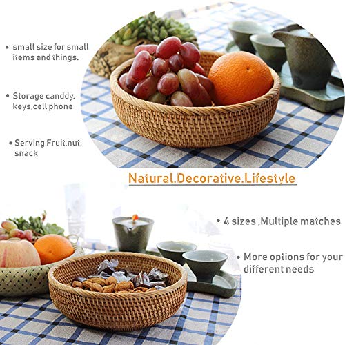 Hadewoven Round Rattan Fruit Basket Wicker Food Tray Weaving Storage Holder Dinning Room Bowl, 8 Inch Small Bread Baskets Tray for Serving with Deep Wall, Brown (Small 7.48”) - size: Small 7.48"