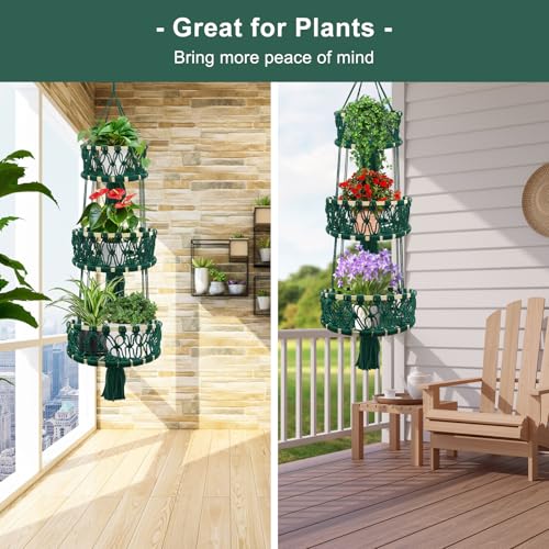3-tier Hanging Fruit Baskets for Kitchen, Woven Cotton Rope Fruit Hammock, Macrame Hanger Holder for Fruit Vegetable Produce Storage & Organization, Boho Hanging Plant Holder fot Indoor Outdoor - color: Dark Green