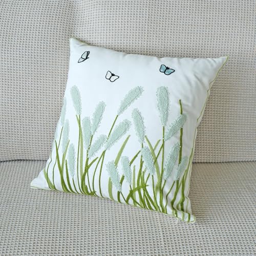 vctops Farmhouse Pampas Grass Cotton Tufted Throw Pillow Cover Boho Embroidery Pillowcase Soft Square Cushion Case for Sofa Couch Bed Chair (Light Green,18"x18") - color: Light Green
