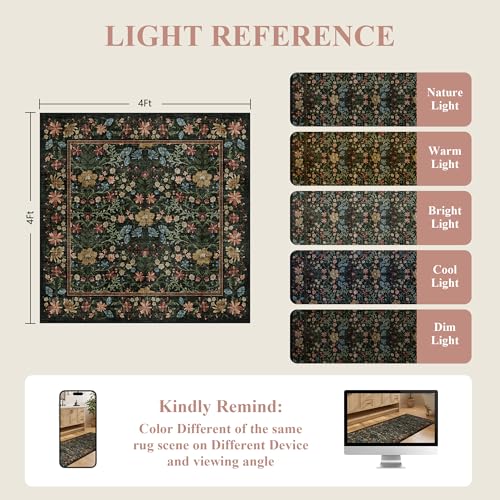 DUKINO 4x4 Square Rug for Living Room, Soft Vintage Floral Washable Rug with Non Shedding, Non Slip & Low Pile Floor Carpet for Entryway, Bedroom, Kitchen, Home Office, Kids Playroom, Black - color: Black, size: 4' x 4' (Rectangular)