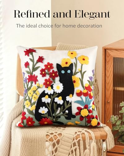 Embroidered Throw Pillow Cover - 18x18 Decorative Pillow Cover with Zipper Aesthetic Cute Design Boho Spring Summer Throw Pillowcase for Living Room Couch Sofa Bed, Flower Cats - color: Flower Cats, size: 18" x 18" (Pack of 1)