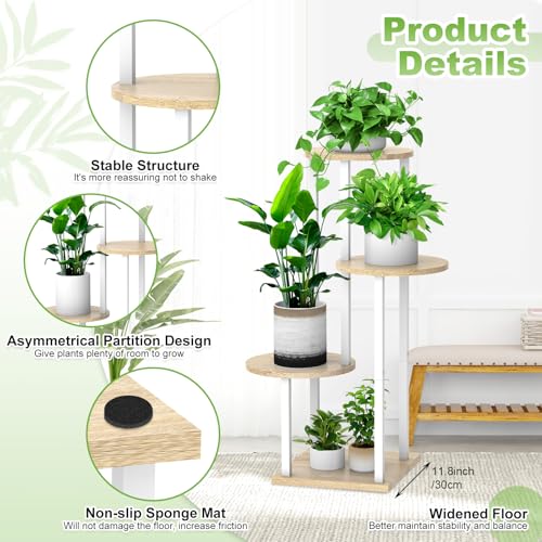 4 Tier Wood Tall Plant Stand Metal Rack Indoor, Multiple Flower Pot Holder Shelves Corner Rack, Round Planter Shelf Display Rack Storage Organizer for Patio Living Room Balcony(White+Oak) - color: White+Oak, size: 4 Tier