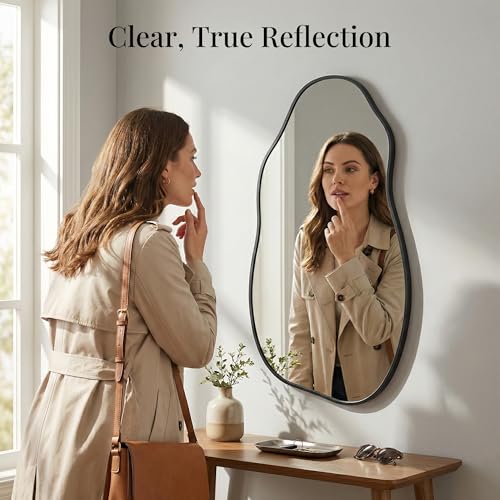 Asymmetrical Wall Mirror 36"x20", Large Irregular Mirror for Bathroom Vanity, Matte Black Rust Proof Aluminum Frame, Tempered Glass Modern Wavy Mirror for Horizontal or Vertical Decor - color: Black, size: 36"L x 20"W