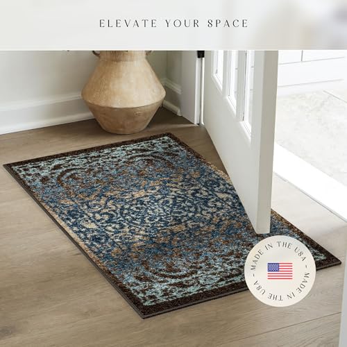 Maples Rugs Pelham Vintage Medallion Area Rugs - Made in USA - Washable, Non-Slip, Low Profile Indoor Rug for Entryway, Foyer, Kitchen, and Bathroom, 1'8 x 2'10, Blue/Walnut - color: Blue/Brown, size: 1'8" x 2'10" (Rectangular)