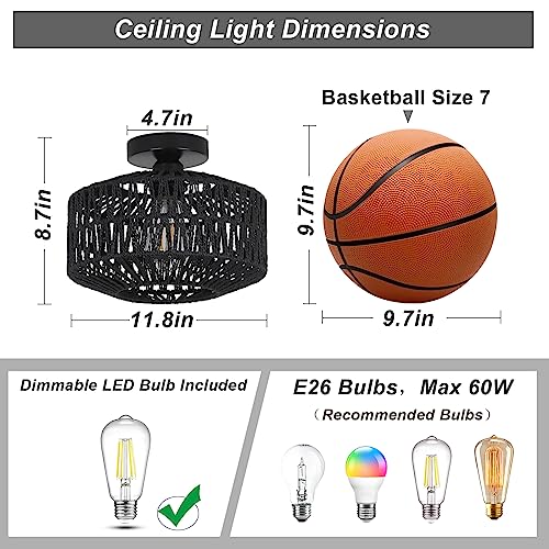 Rattan Light Fixtures Ceiling Mount,Boho Ceiling Light Fixture with Dimmable LED Bulb，Mini Hand Woven Rattan Chandelier Light Fixtures Ceiling for Bedroom Kitchen Entryway Living Room Hallway（Black） - color: Black